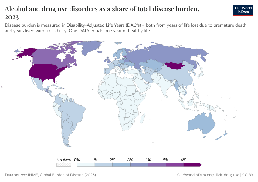 A thumbnail of the "Alcohol and drug use disorders as a share of total disease burden" chart