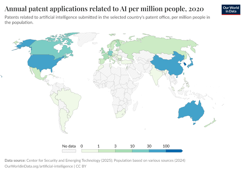 A thumbnail of the "Annual patent applications related to AI per million people" chart