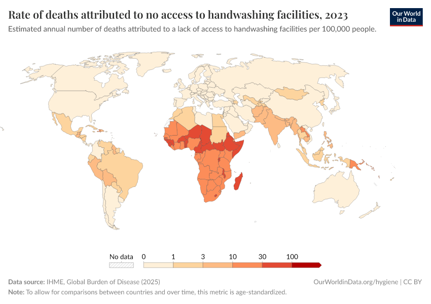 A thumbnail of the "Rate of deaths attributed to no access to handwashing facilities" chart