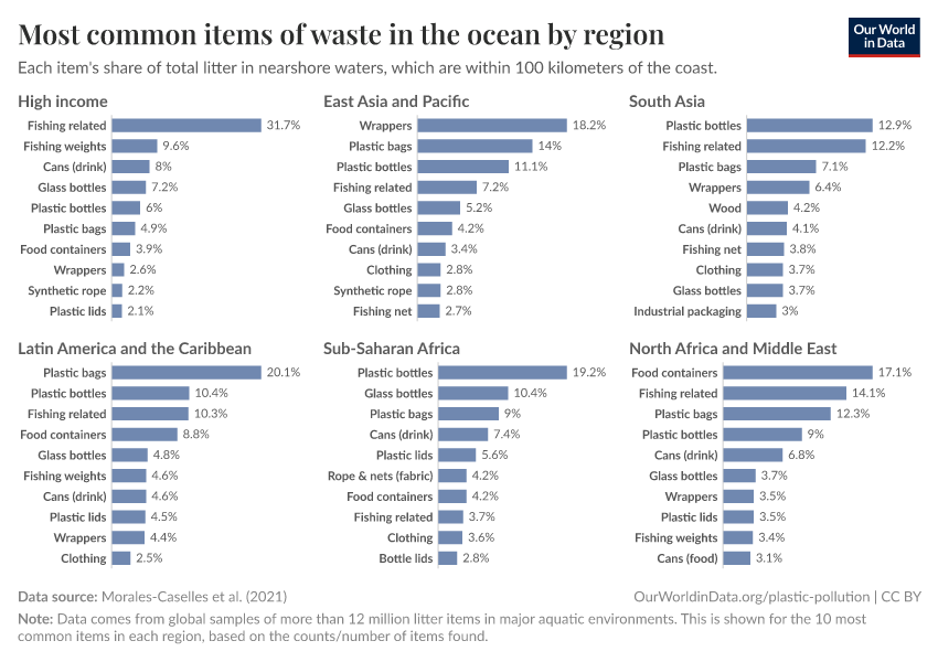A thumbnail of the "Most common items of waste in the ocean by region" chart